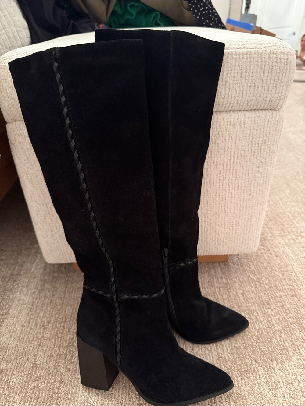 Free People Knee High Black Suede Block Heel Boots Riley Whipstitch